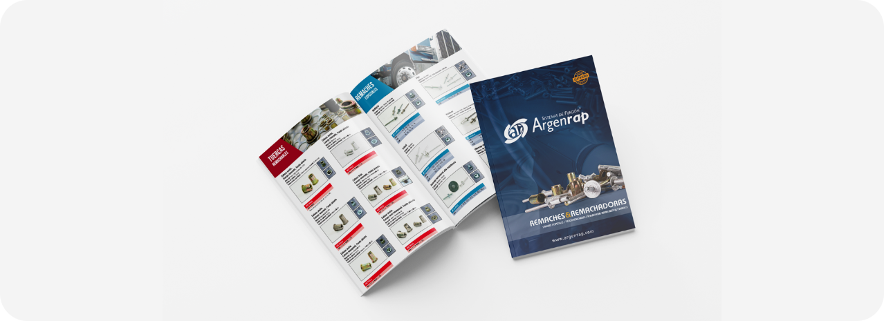 A catalog with various pages open showing different products and a cover page with the title 'Argenrap' and images of industrial tools